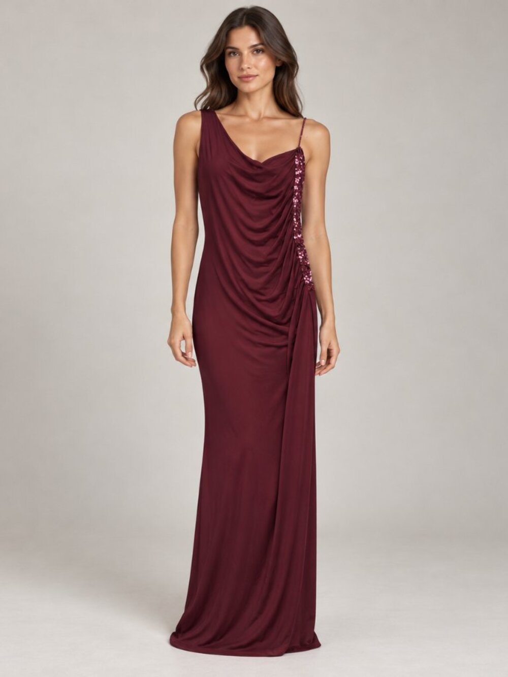 Christian Lacroix One-Shoulder Burgundy Sequin-Trim Gown